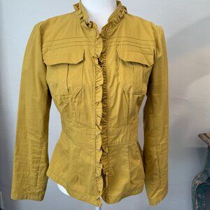 Darjoni Mustard Yellow Long Sleeves Front Pockets Ruffled Blazer Jacket